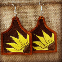 Sunflower cowtag leather earrings