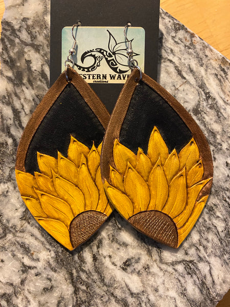 Hand tooled sunflower earrings