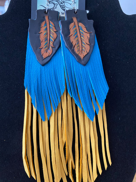 Arrow feather double fringe turquoise and buckskin