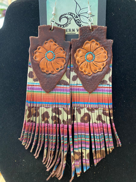 Hand tooled flower with Serape cheetah print