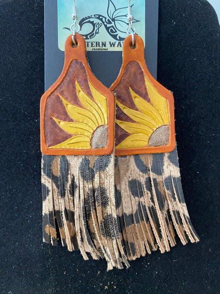 Cow tag with sunflower and cheetah fringe