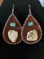 Leather and turquoise hand stitched earrings